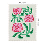 Three stylized pink flowers with dark pink centers and green leaves on a light gray background, framed in a white beaded frame measuring 18 by 24 inches.