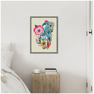 Sylvie Bright Teal and Pink Floral and Parrot Framed Canvas by Rachel Lee