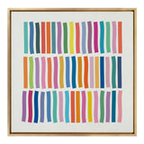 Framed canvas featuring three rows of vertically aligned, wavy colorful stripes in shades of blue, pink, orange, green, and purple on a white background.