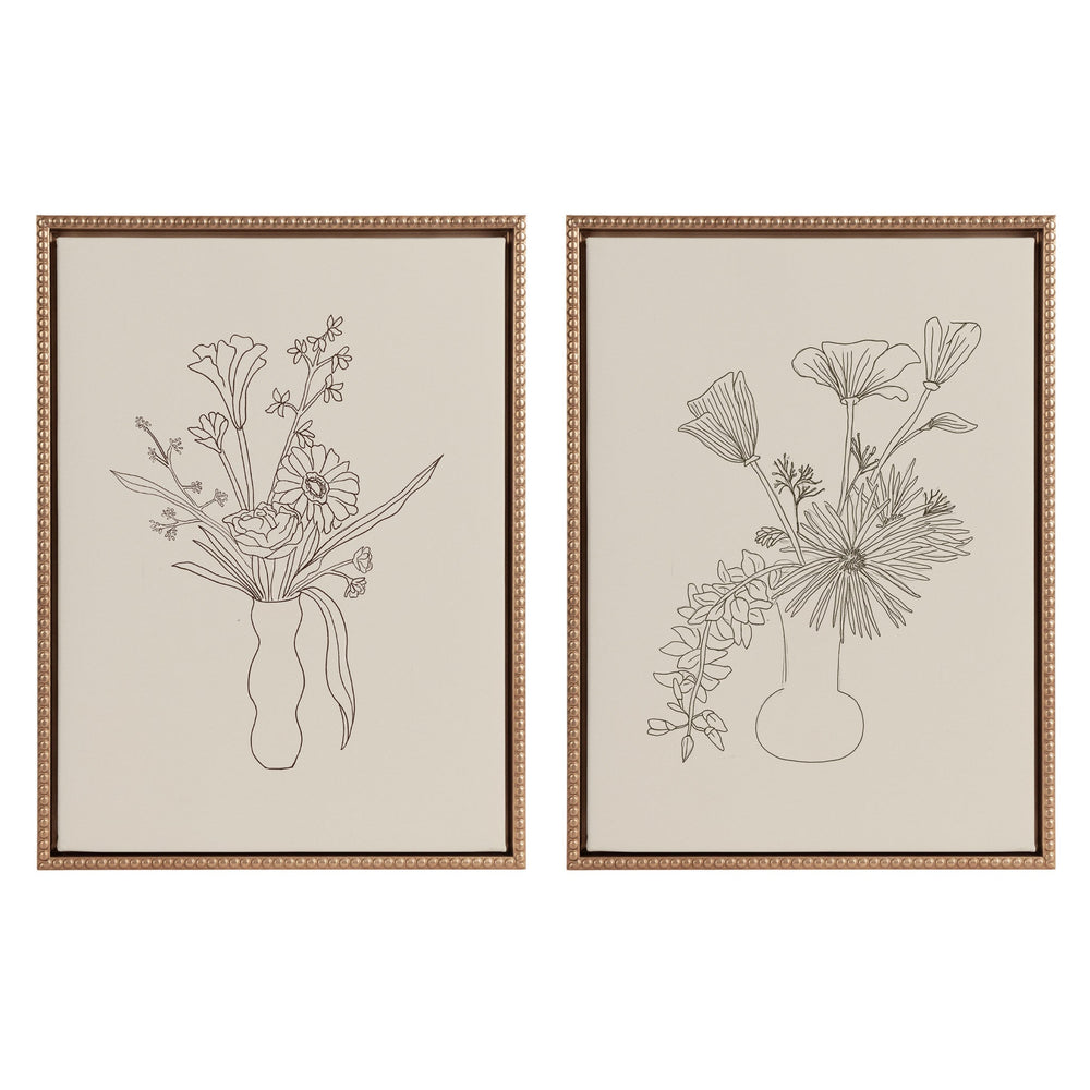 Sylvie Beaded Floral Study 1 and Floral Study 2 framed canvas art set on wall with gold beaded frames
