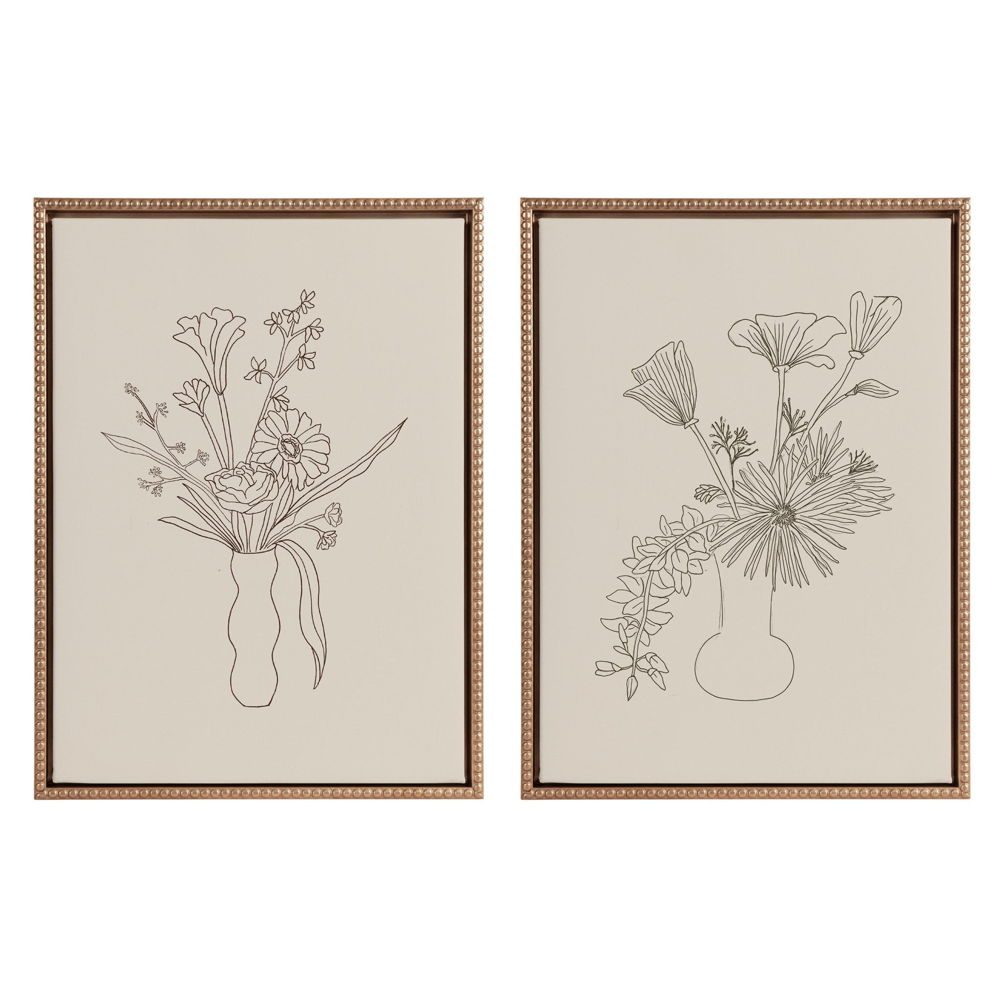 Sylvie Beaded Floral Study 1 and Floral Study 2 framed canvas art set on wall with gold beaded frames