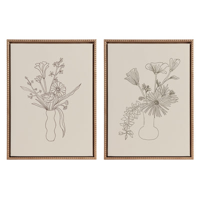 Sylvie Beaded Floral Study 1 and Floral Study 2 framed canvas art set on wall with gold beaded frames