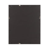 Back view of a rectangular photo frame with black backing and metal hooks on all four edges for hanging.