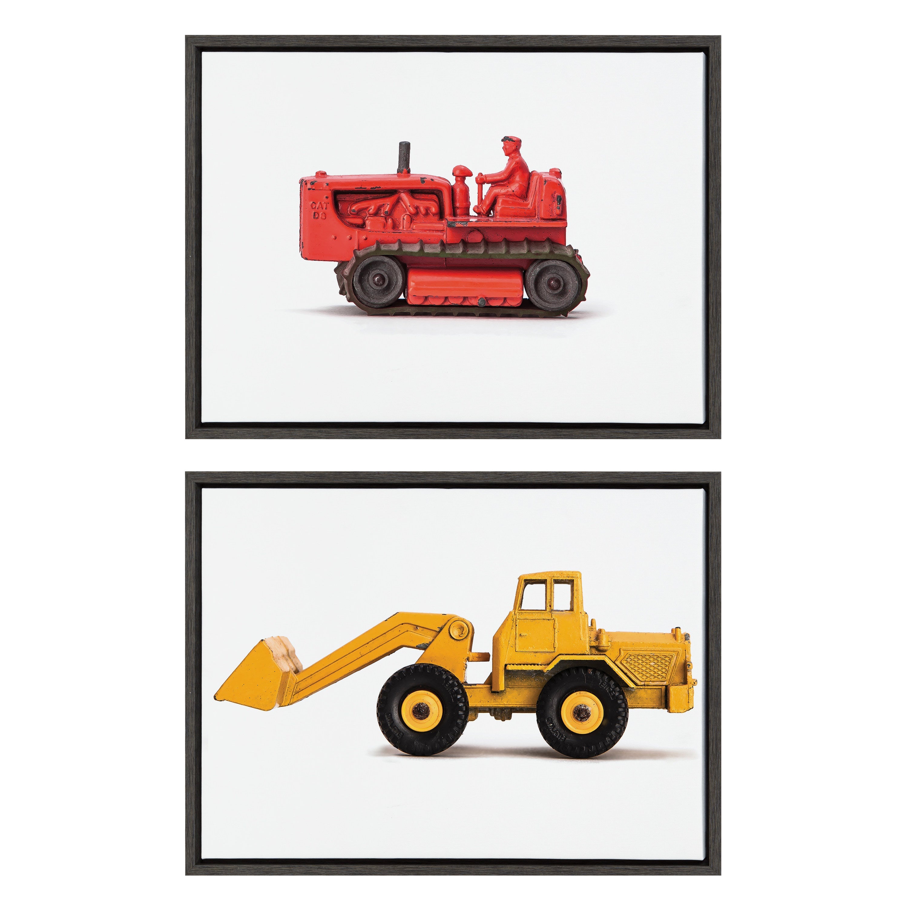Framed floating canvas art set featuring a red vintage toy bulldozer and a yellow vintage toy front end loader
