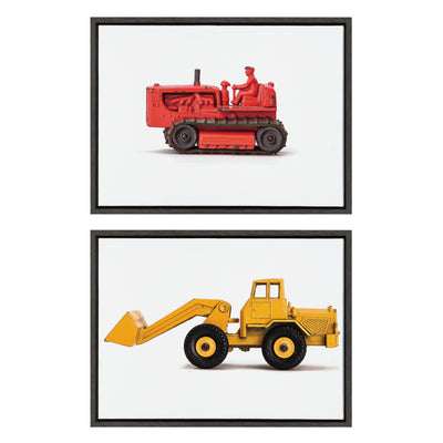 Framed floating canvas art set featuring a red vintage toy bulldozer and a yellow vintage toy front end loader