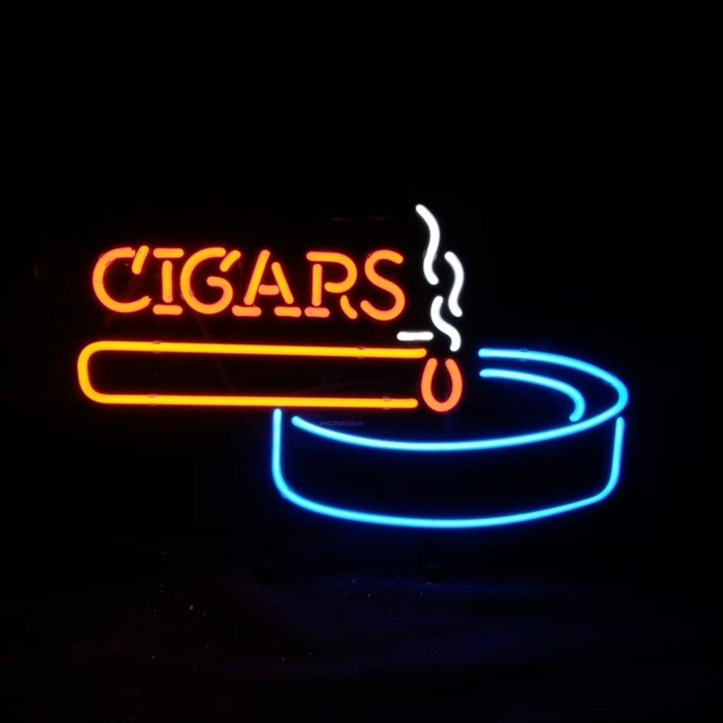 Neon sign featuring the word 'CIGARS' in orange above a lit cigar with white smoke, resting on a blue outlined ashtray against a black background.