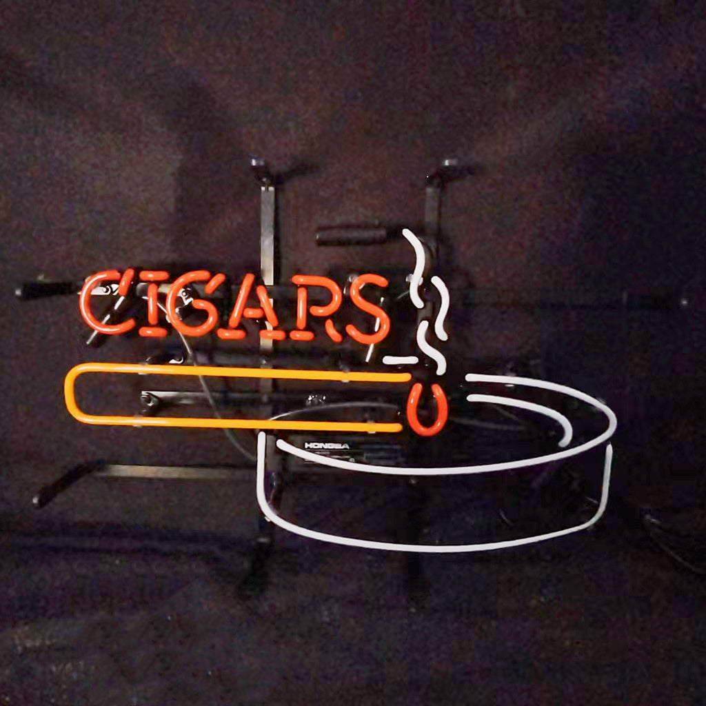 Neon sign with the word CIGARS in red and an orange-lit cigar resting on a white-lit round ashtray emitting white smoke curls