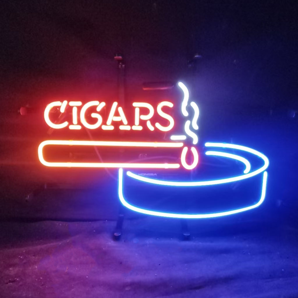 Fire Cigars Ashtray Neon Sign lit, showing bright neon tubes in orange and white on metal grid backing
