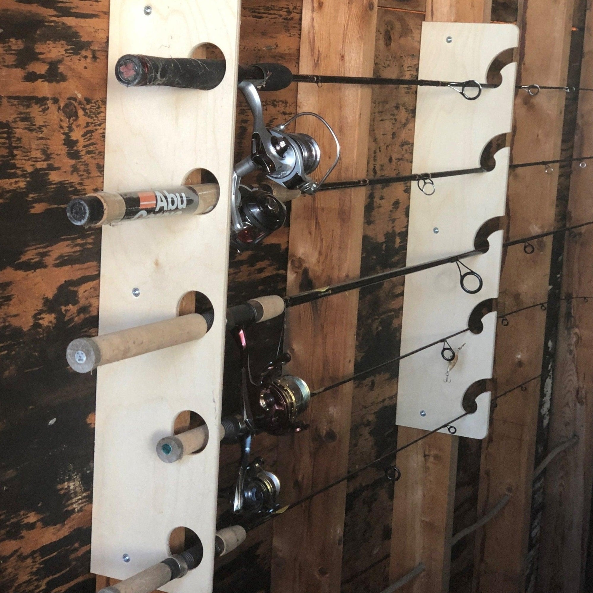 Fishing Rod Storage Rack installed in a shed holding multiple fishing rods