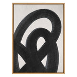 Abstract black brushstroke loops on textured white canvas framed in light wood, creating an intertwined circular pattern with varied opacity edges.