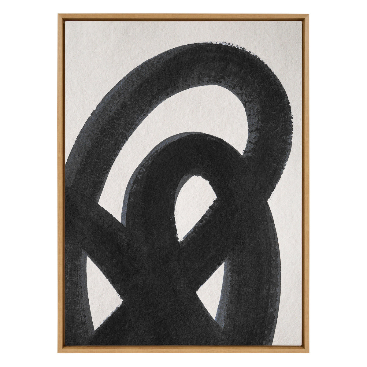 Abstract black brushstroke loops on textured white canvas framed in light wood, creating an intertwined circular pattern with varied opacity edges.