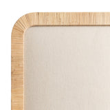 Close-up of a beige fabric pinboard corner framed with narrow, vertical natural wood strips with a smooth rounded edge