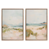 Two framed canvas paintings depicting soft, abstract beach landscapes in muted blues, greens, and sandy beige tones with gentle brushstrokes.