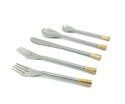 Vibhsa 20 Piece Silver Flatware Set neatly arranged with forks, knives, and spoons showing silver glossy finish