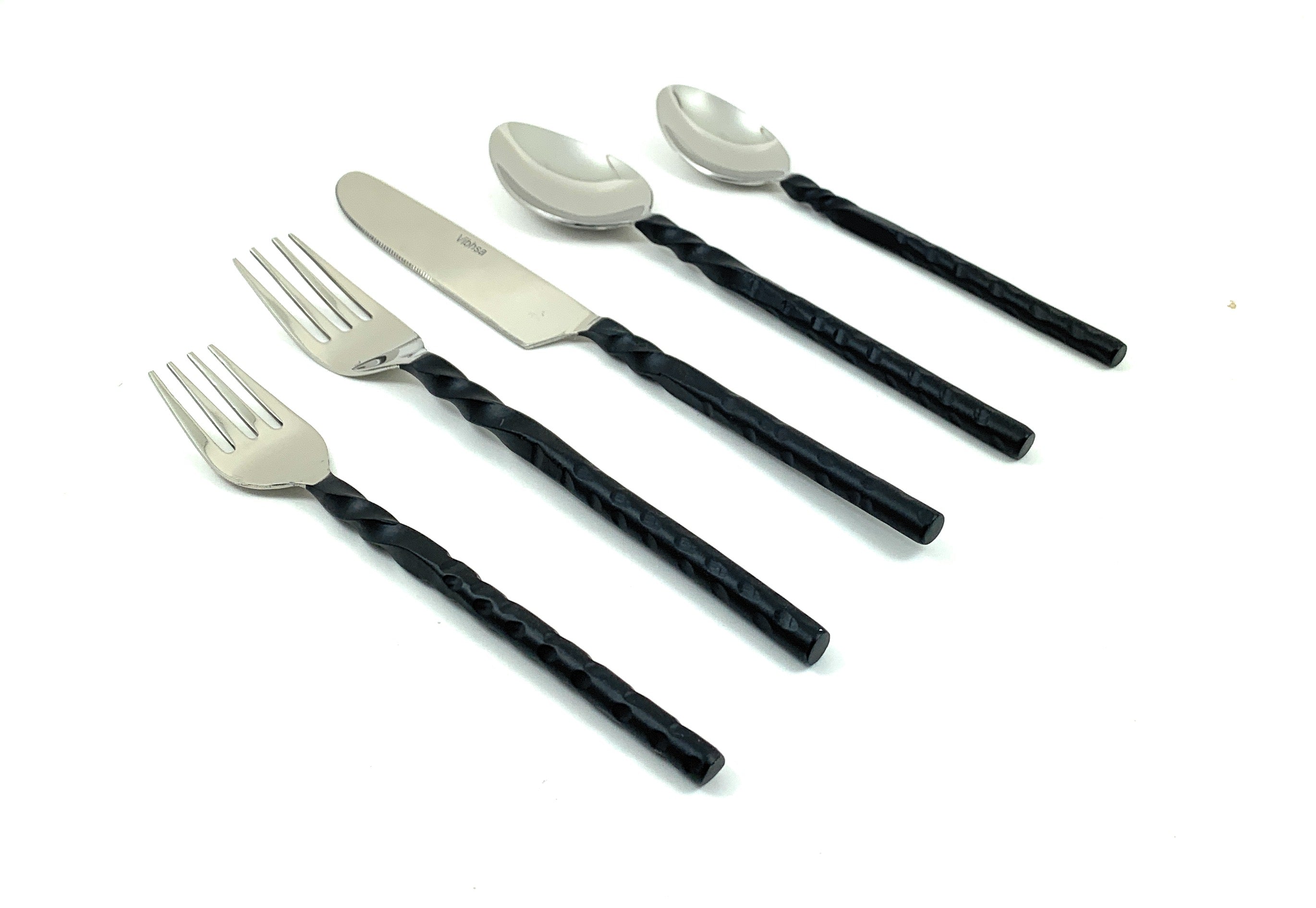 Stainless Steel Flatware set of 20 Pieces with Black Swirl Handles arranged on a wooden table