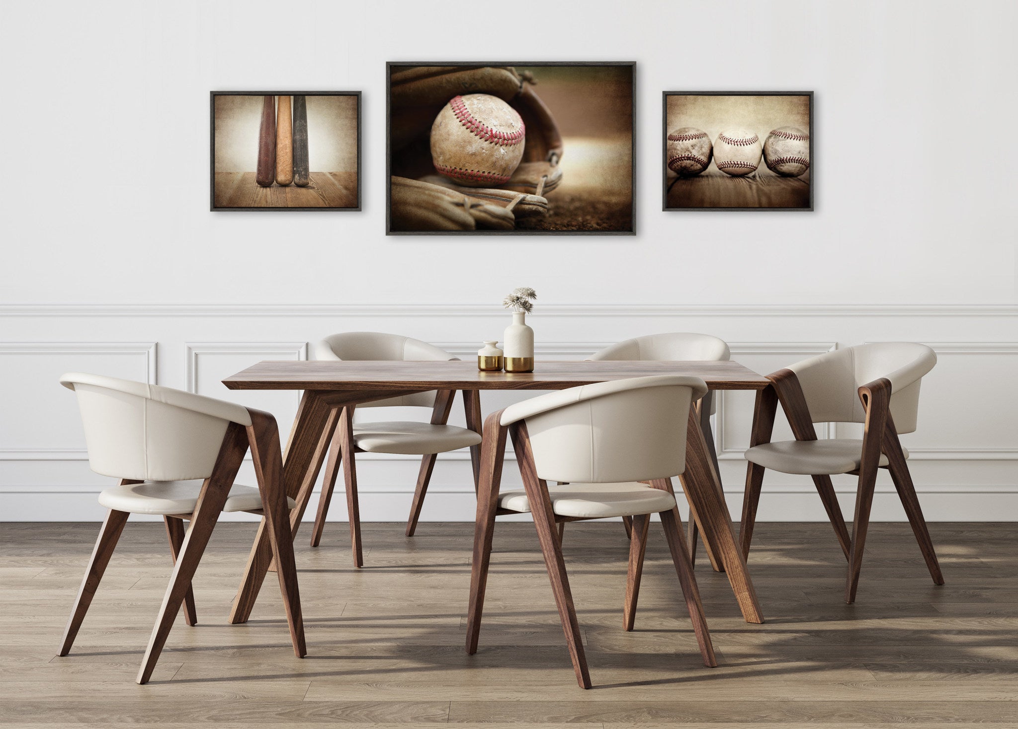 Sylvie Three Vintage Bats, Baseball Glove at Home Plate and Three Vintage Baseballs Framed Canvas Art Set