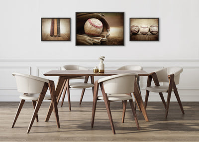 Sylvie Three Vintage Bats, Baseball Glove at Home Plate and Three Vintage Baseballs Framed Canvas Art Set