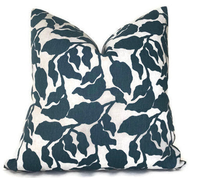 Close-up image of Flores Pillow Cover in Pacific Blue showing fabric texture and invisible zipper