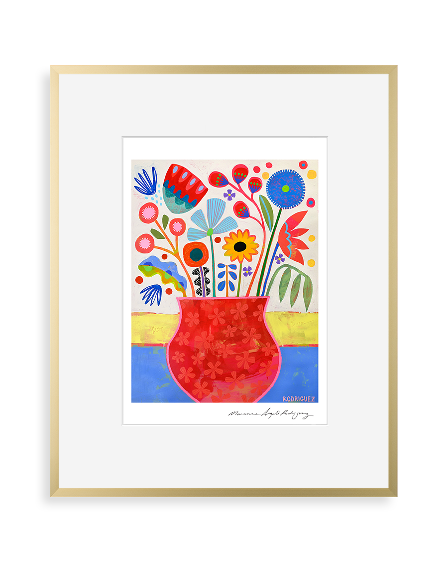 Colorful floral composition with stylized blue, red, yellow, and green flowers in a red vase against a pale background with blue and yellow horizontal bands.
