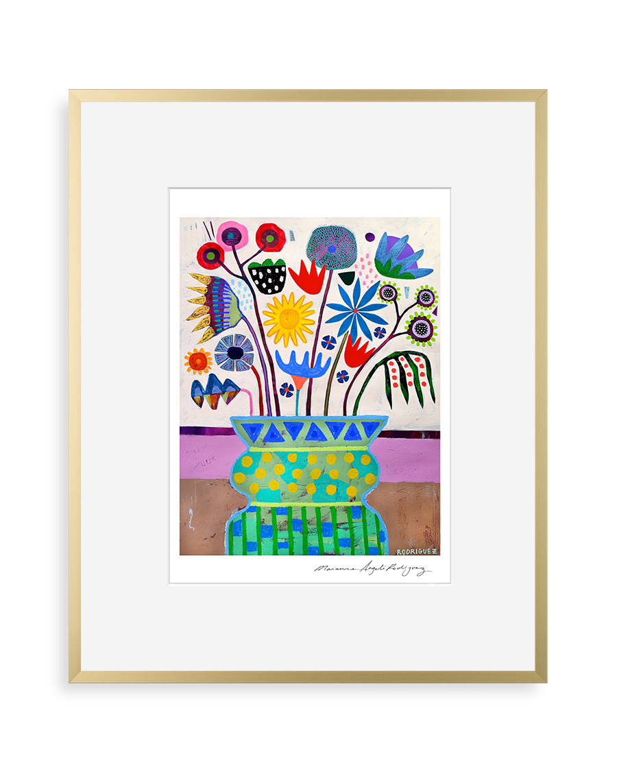 Colorful abstract floral arrangement in a green vase featuring geometric patterns on the vase and stylized flower shapes in red, blue, yellow, and purple hues.