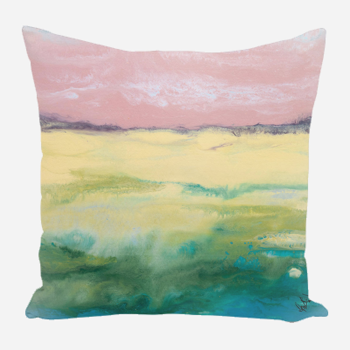 Square pillow with abstract horizontal gradient bands in pastel pink, yellow, and green blending into teal at the bottom with soft, cloudy textures