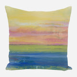Square pillow with an abstract design featuring horizontal bands of yellow, pink, green, and blue blending softly in a watercolor style.