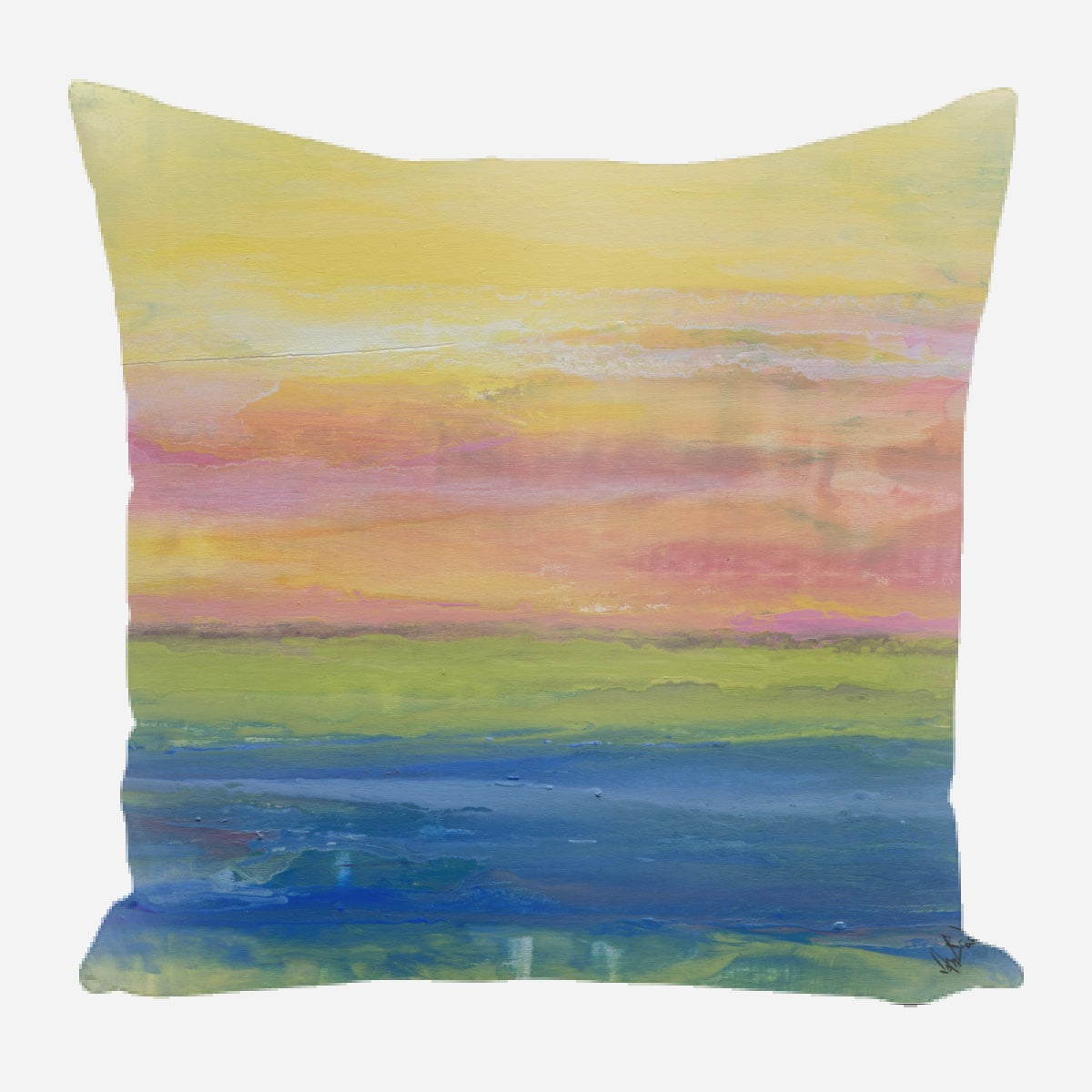 Square pillow with an abstract design featuring horizontal bands of yellow, pink, green, and blue blending softly in a watercolor style.