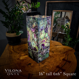 Fluorite Lamp Small Table Lamp #15 - 16 inch tall square lamp with green fluorite and onyx, showing glowing hues and square base