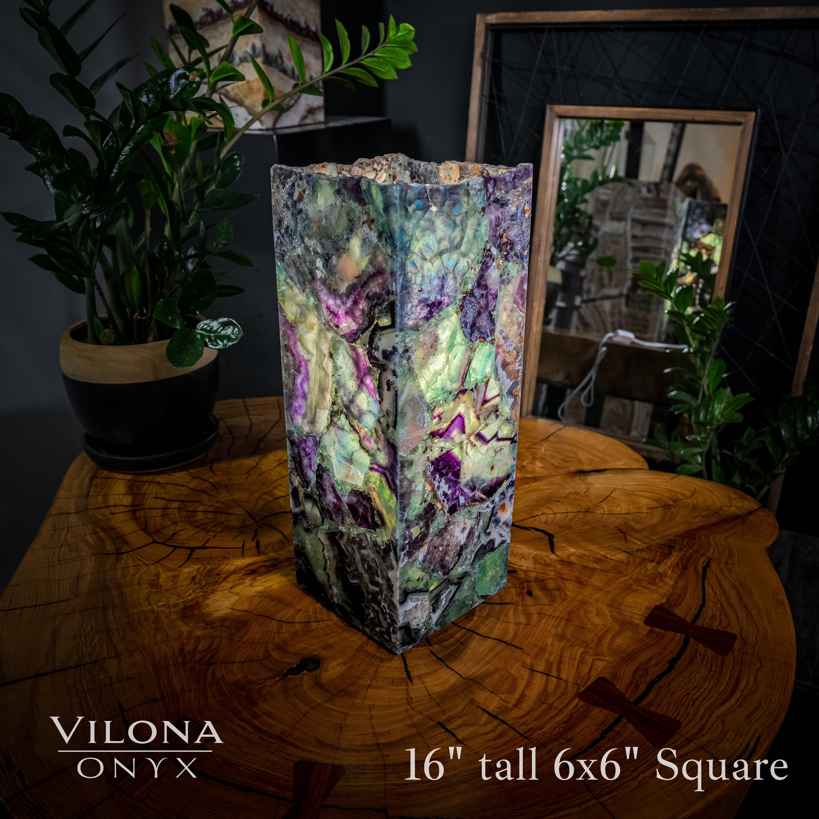 Fluorite Lamp Small Table Lamp #15 - 16 inch tall square lamp with green fluorite and onyx, showing glowing hues and square base