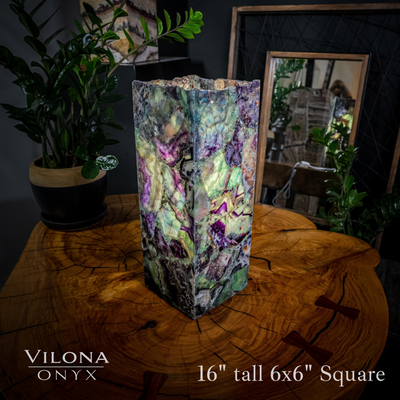 Fluorite Lamp Small Table Lamp #15 - 16 inch tall square lamp with green fluorite and onyx, showing glowing hues and square base