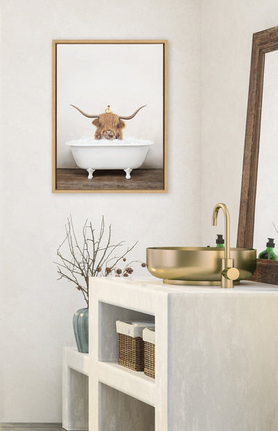 Sylvie Highland Cow and Duckling in Rustic Bath Framed Canvas