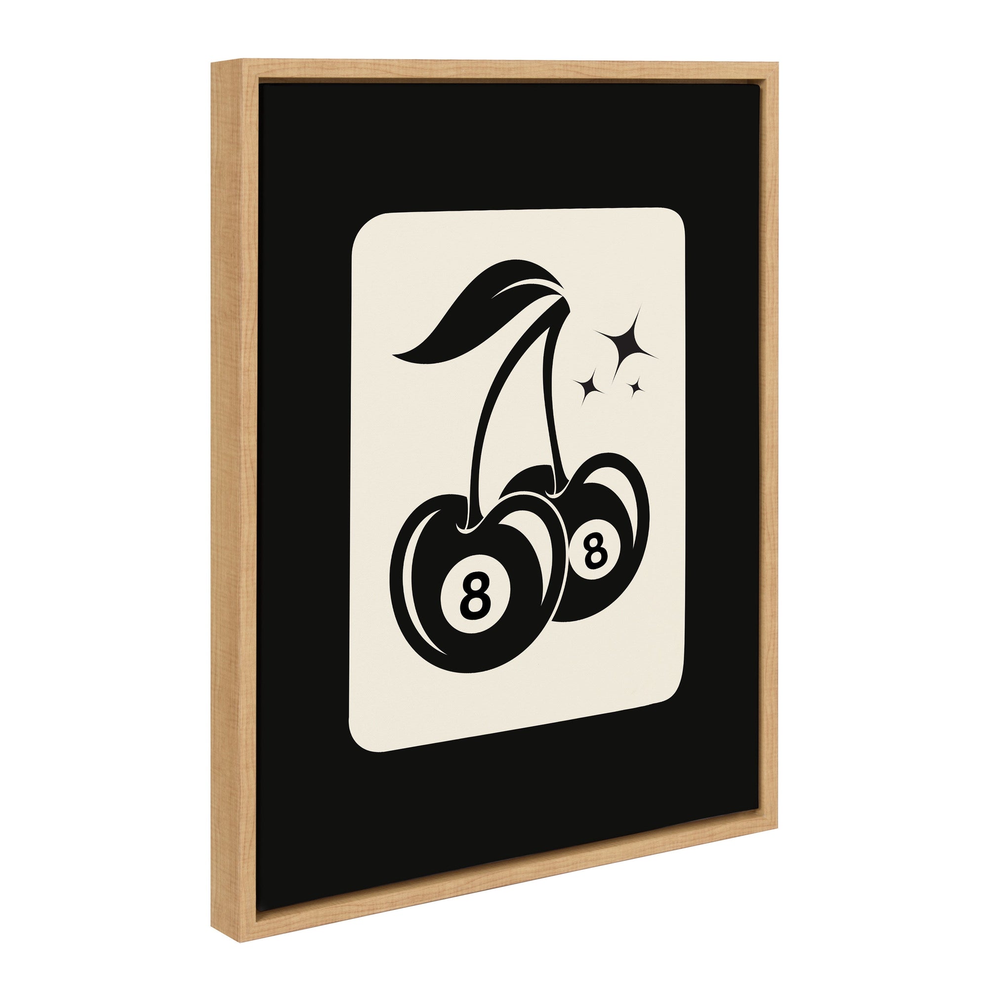 Sylvie Cherry Ball 8 framed canvas art showing a stylized cherry combined with an 8-ball on a white background, framed in natural wood