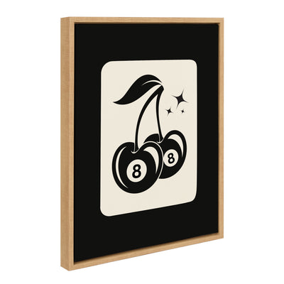 Sylvie Cherry Ball 8 framed canvas art showing a stylized cherry combined with an 8-ball on a white background, framed in natural wood