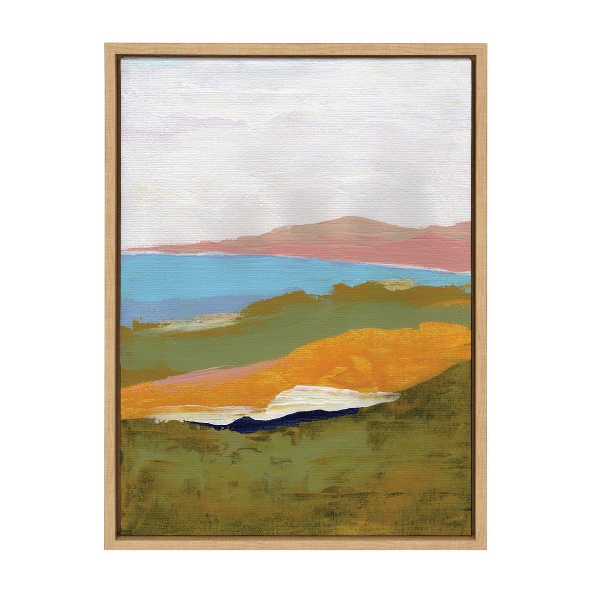 Abstract landscape painting with layered horizontal bands in muted green, mustard yellow, blue, and pink tones, framed in simple light wood.