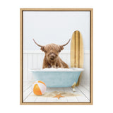 Highland cow with shaggy hair sitting in a light blue bathtub filled with bubbles, a striped wooden surfboard behind and beach ball and starfish on white wooden floor.