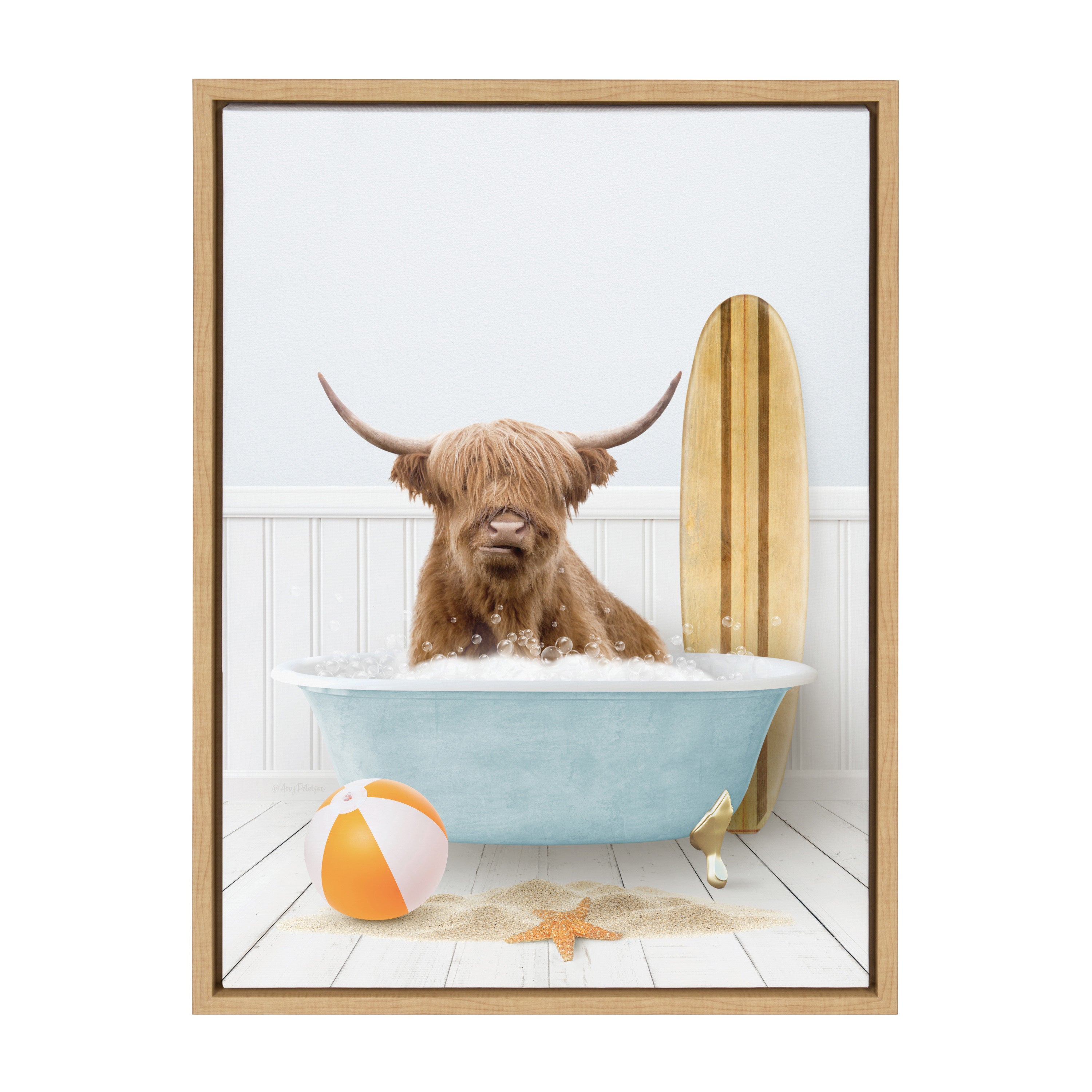 Sylvie Highland Cow Beach House Bath with Surfboard Framed Canvas by Amy Peterson