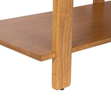 Close-up of a wooden joint where a horizontal shelf meets a vertical leg on a warm brown rectangular coffee table, showing smooth, natural wood grain and clean lines.