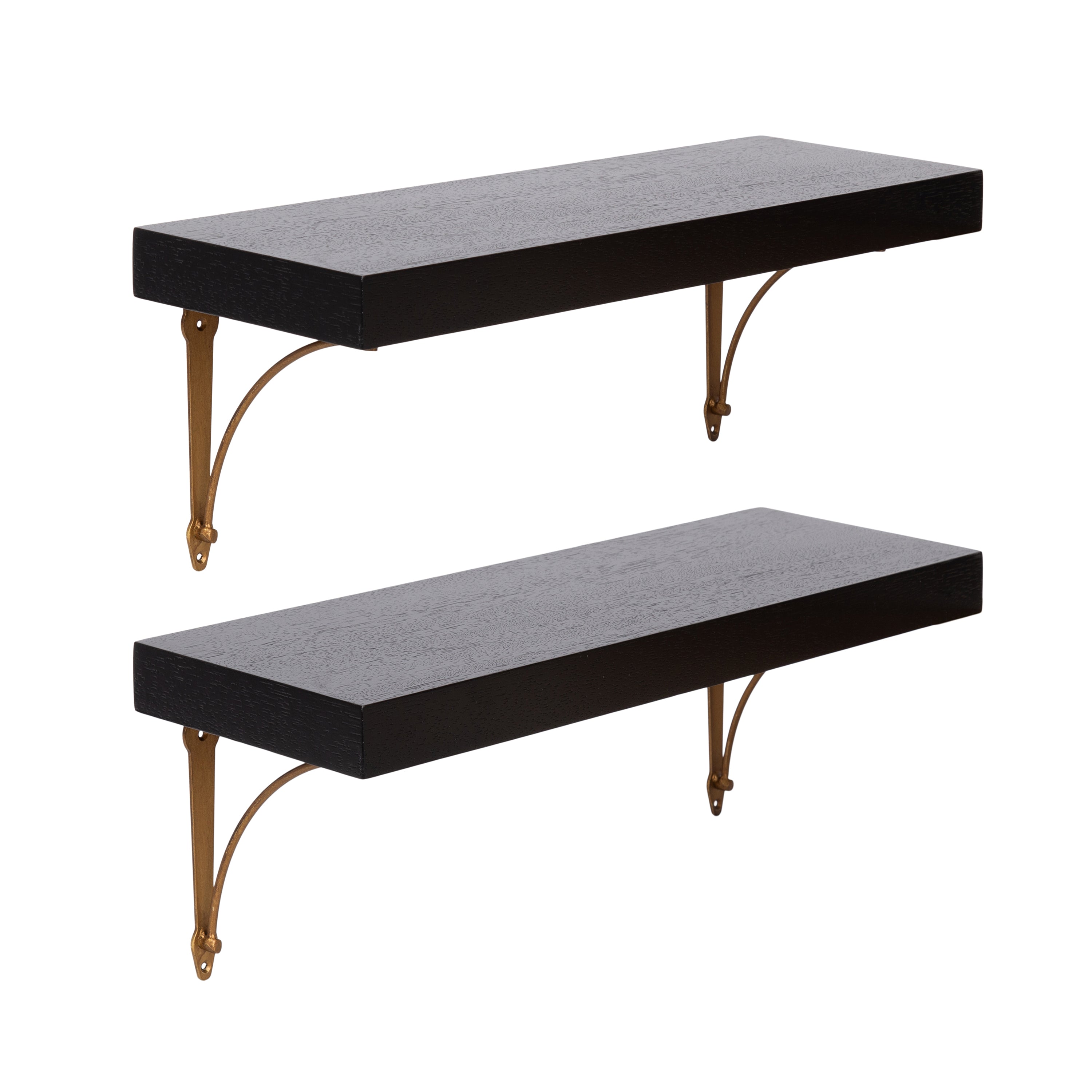Hatley Floating Shelf Set mounted on wall with decorative items displayed on wooden shelves and antique brass hardware