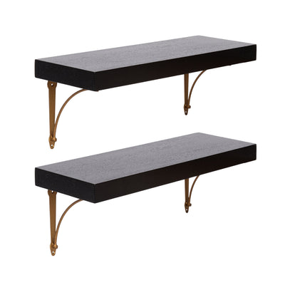 Hatley Floating Shelf Set mounted on wall with decorative items displayed on wooden shelves and antique brass hardware