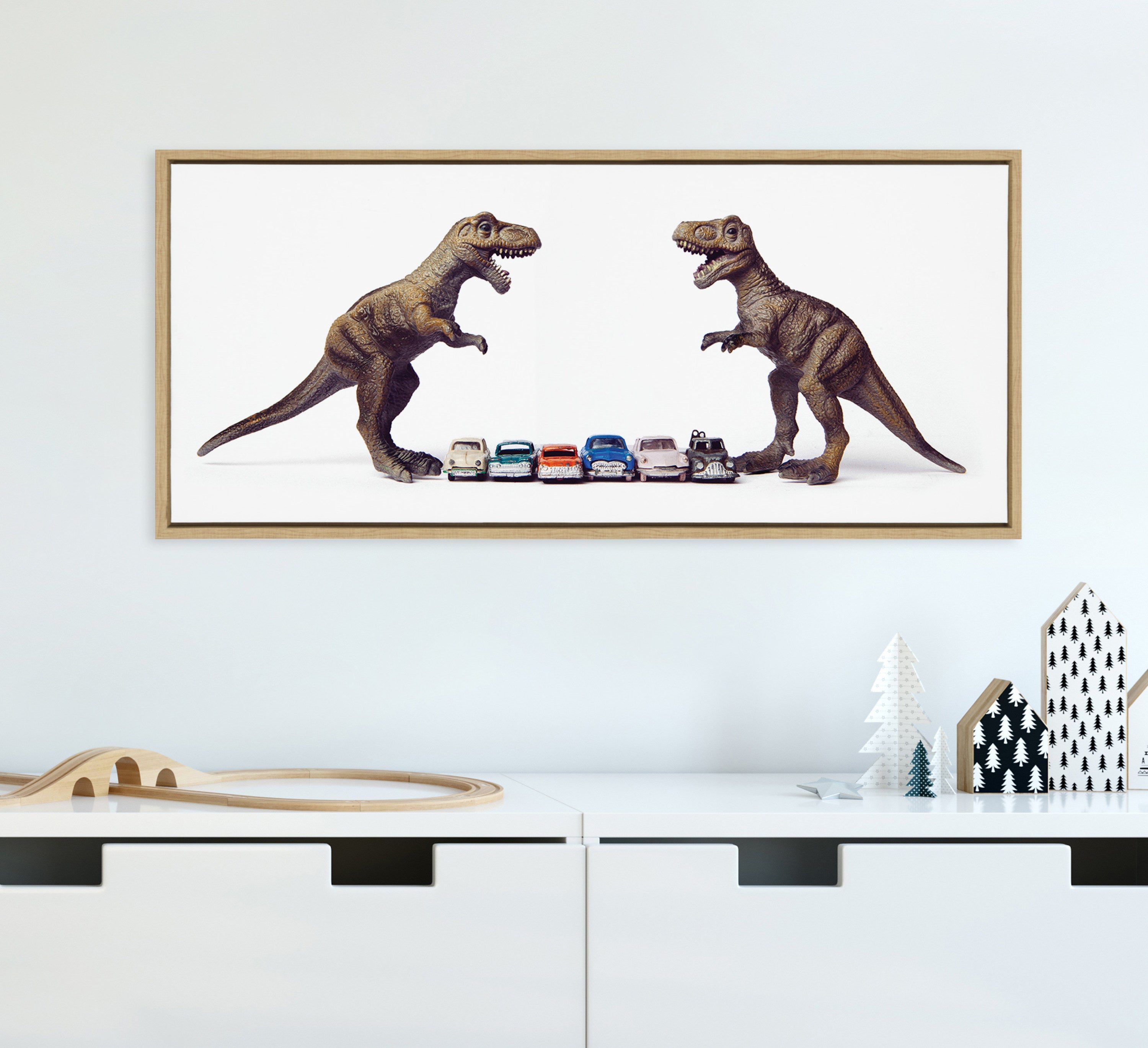 Sylvie Dino Cars Faceoff Framed Canvas by Saint and Sailor Studios