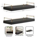 Two satin black floating shelves with decorative gold metal rails and matching wall brackets for a floating wall-mounted effect, shown with measurements.