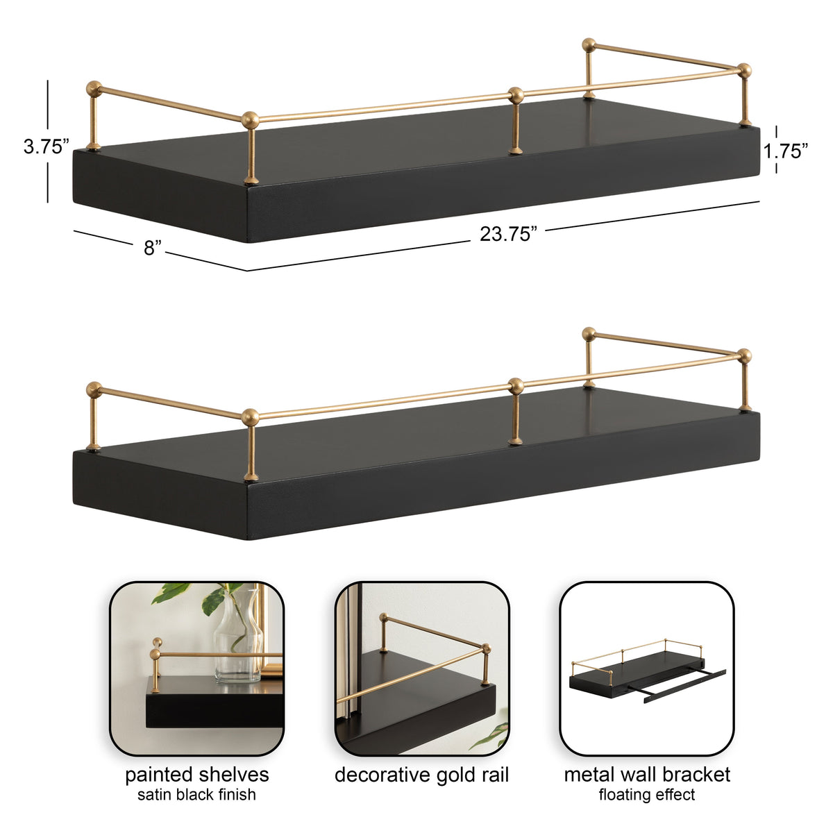 Two satin black floating shelves with decorative gold metal rails and matching wall brackets for a floating wall-mounted effect, shown with measurements.