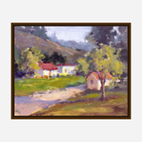 Impressionist landscape painting with soft hills, green trees, a pale dirt path, and small white buildings with red roofs under a muted sky.