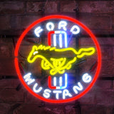 Round neon sign with a yellow running horse silhouette centered over red, white, and blue vertical stripes, encircled by a red ring and white text reading 'FORD MUSTANG'