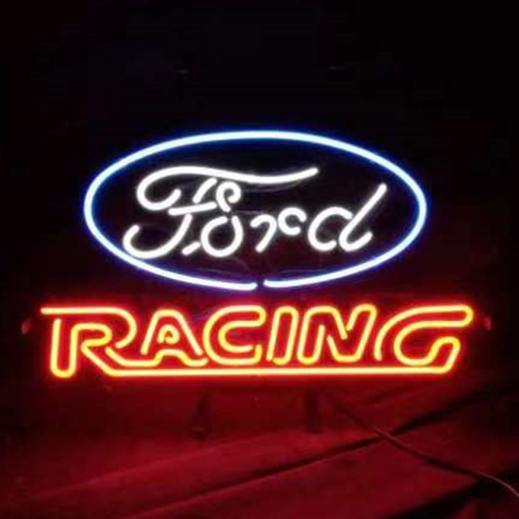 Ford Racing Car Neon Sign Light glowing bright on a wall