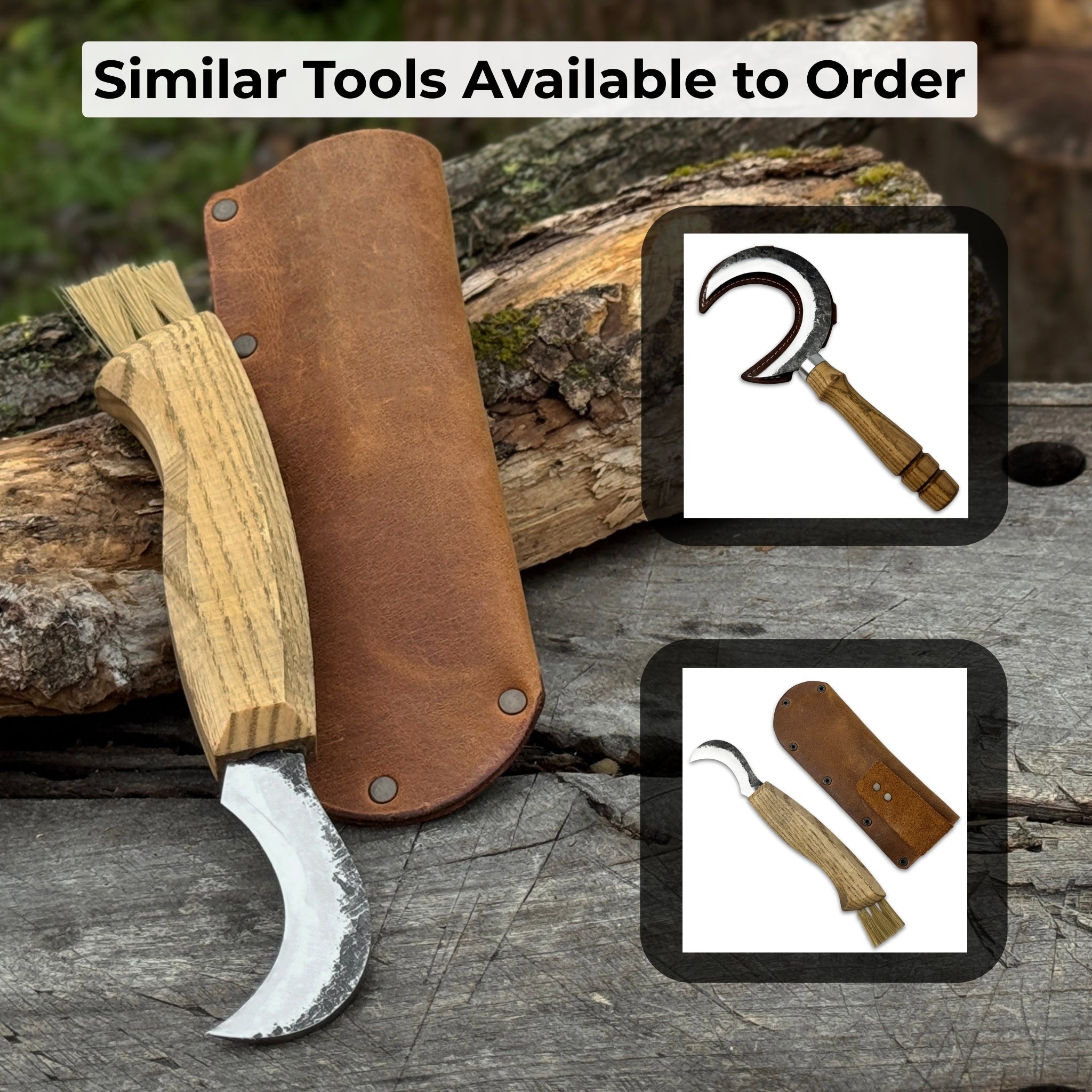 Forged mushroom knife with 6.5 cm carbon steel blade, ash wood handle, and built-in brush by Sharky Forged Steel Tools