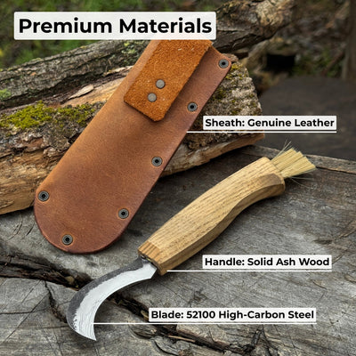 Forged mushroom knife with 6.5 cm carbon steel blade, ash wood handle, and built-in brush by Sharky Forged Steel Tools
