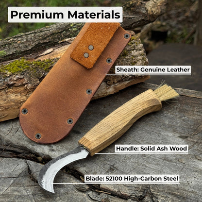 Forged mushroom knife with 6.5 cm carbon steel blade, ash wood handle, and built-in brush by Sharky Forged Steel Tools