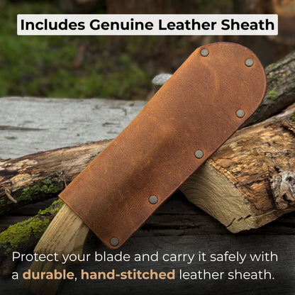 Forged mushroom knife with 6.5 cm carbon steel blade, ash wood handle, and built-in brush by Sharky Forged Steel Tools