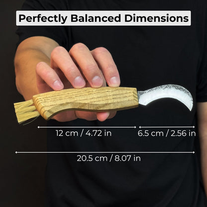 Forged mushroom knife with 6.5 cm carbon steel blade, ash wood handle, and built-in brush by Sharky Forged Steel Tools